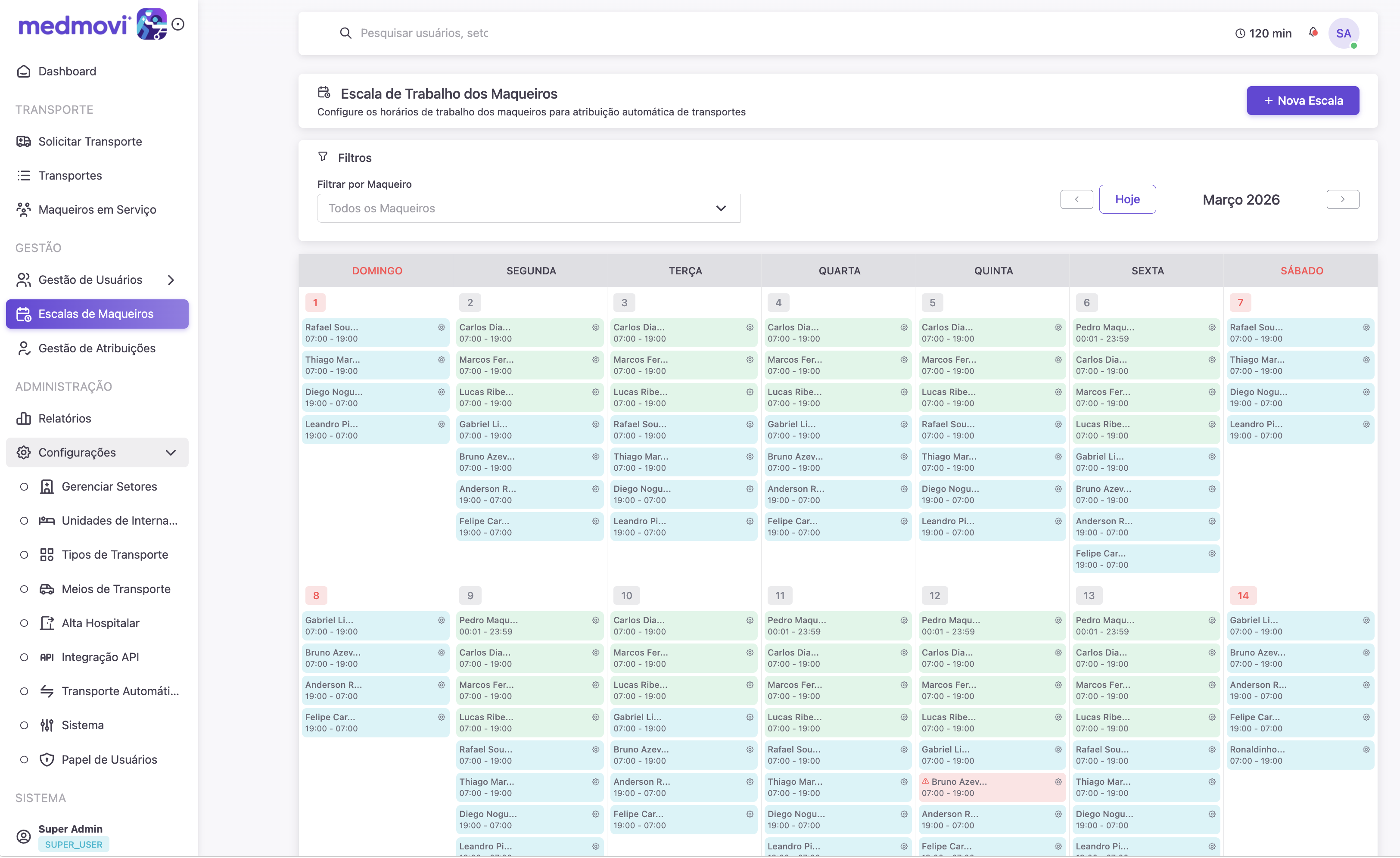 Escala de maqueiros no dashboard MedMovi